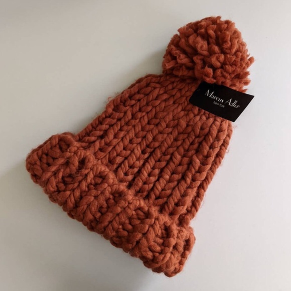 New Marcus Adler Chunky-Knit Pom Beanie Hat, Rust - Picture 2 of 2